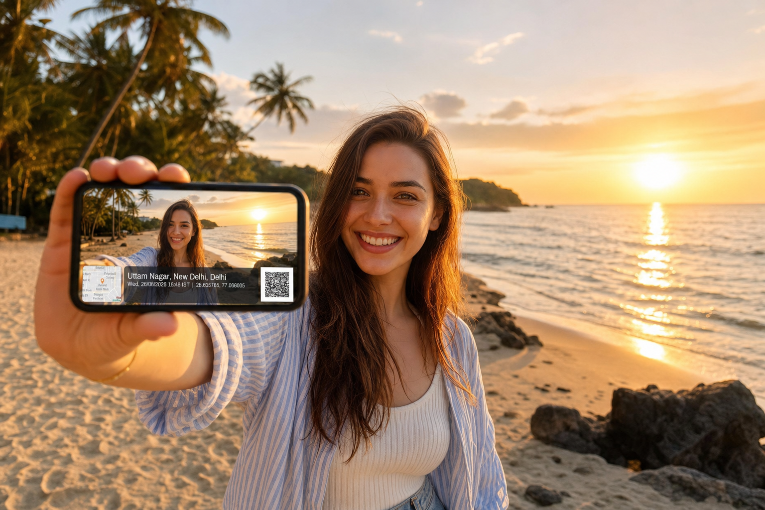 GeoStamp stamped selfie taken on the beach at sunset