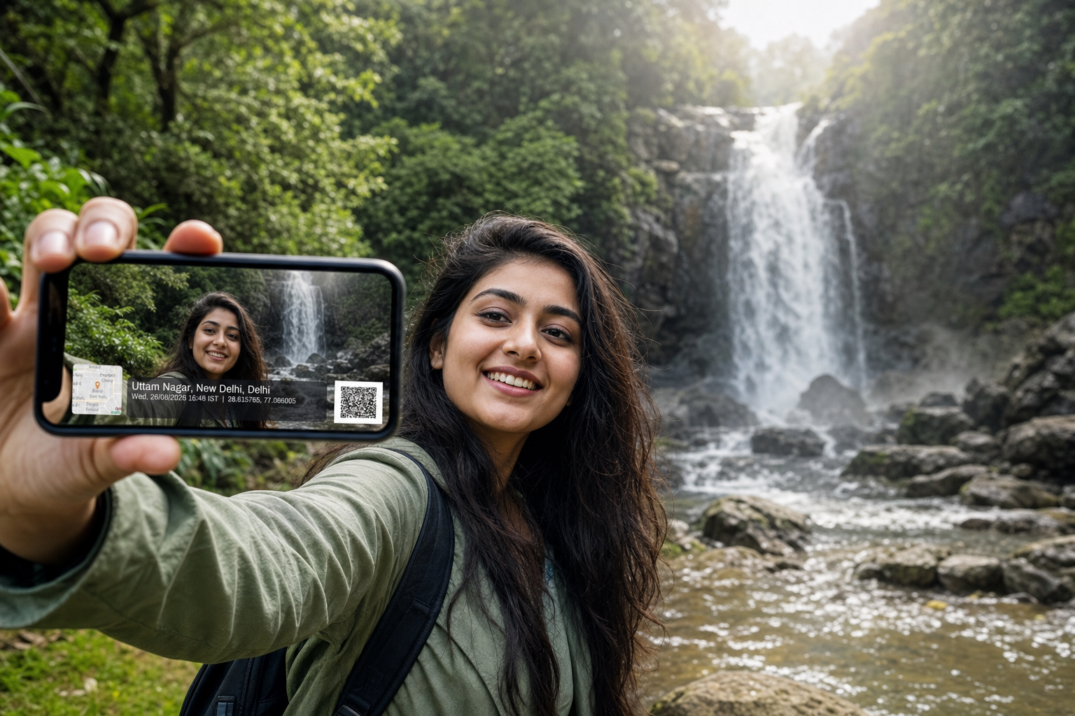GeoStamp stamped selfie taken beside a waterfall