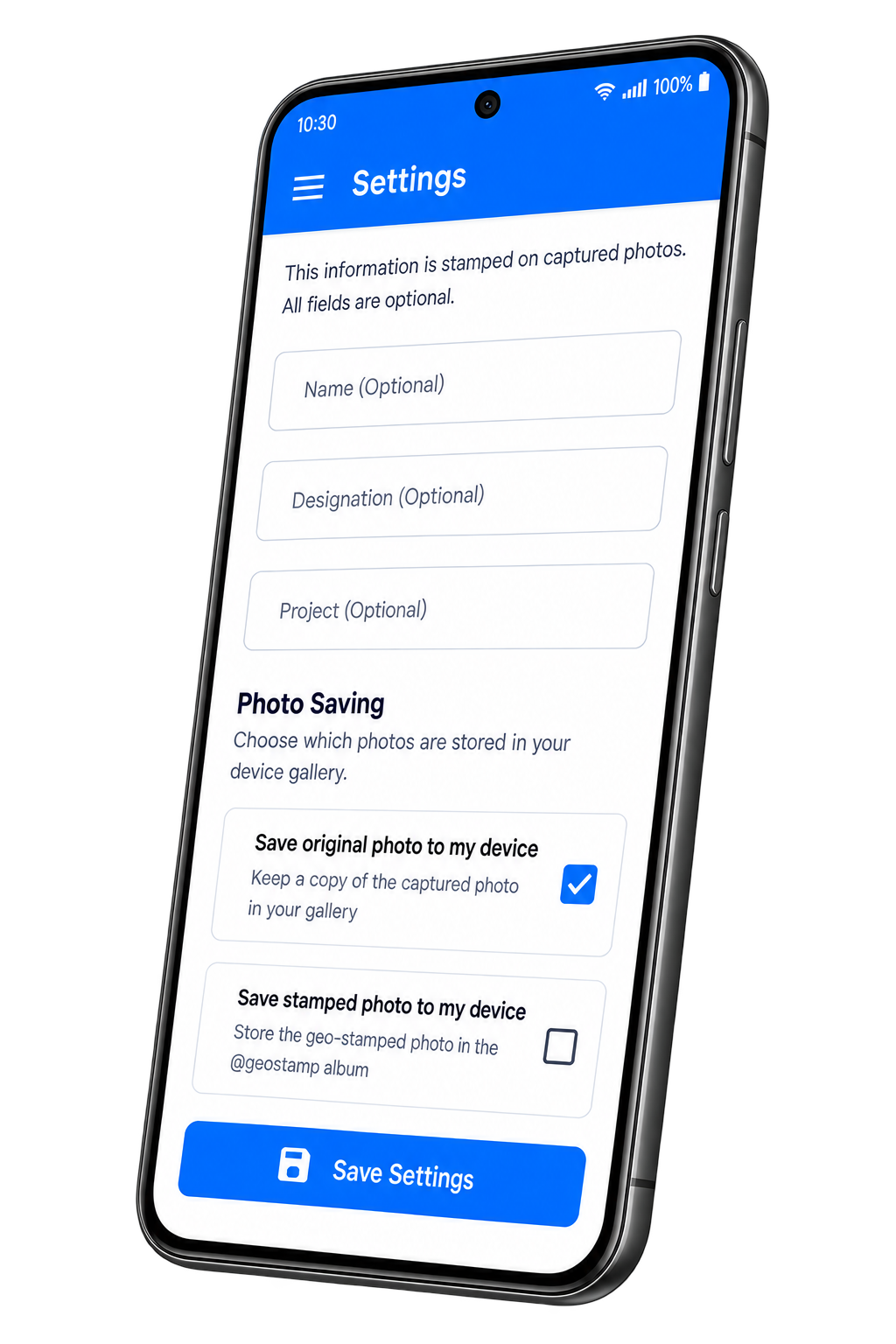GeoStamp settings device mockup for stamping name, designation and project details