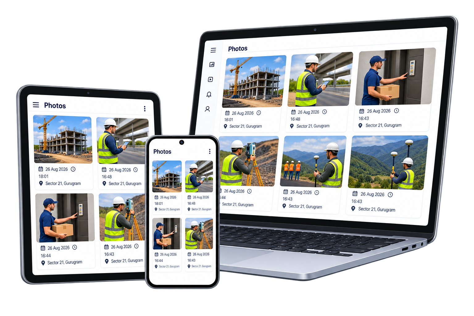 GeoStamp photos gallery device mockup synced across phone, tablet and laptop